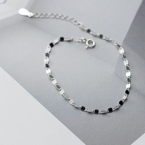 Woman REAL S925 Sterling Silver 3mm Thin Sequins Bracelet Bangle 7.7 in - Picture 1 of 4