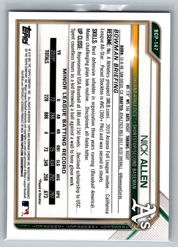 Nick Allen 2021 Bowman cromado BCP-147 azul refractor #'d/150 A's - Imagen 2 de 2