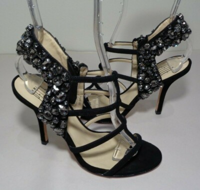 Pelle Moda Size M VINA Black Suede Rhinestones Sandals New