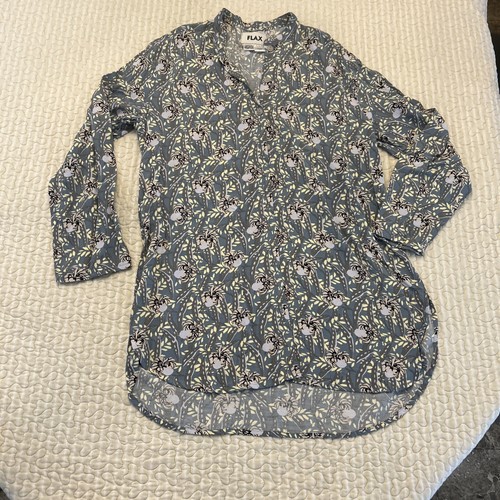 FLAX Sz Medium Shirt Dress Floral Blonde Girl Print Rayon Roll Tab Art To Wear - Picture 2 of 13