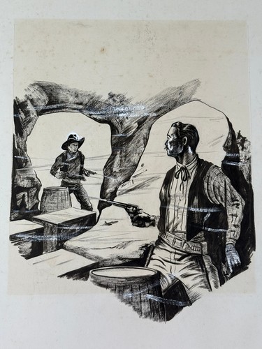 Illustrazione disegno opera d'arte originale Thomas Lyon Russell cowboy sparo - Foto 4 di 18
