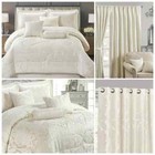 Luxury Cream Bedspread Set Damask Jacquard Cushions Curtains Quilted Comforter