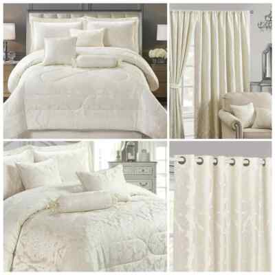 Luxus Creme Tagesdecke Set Damast Jacquard Kissen Vorhänge Gesteppt Bettdecke