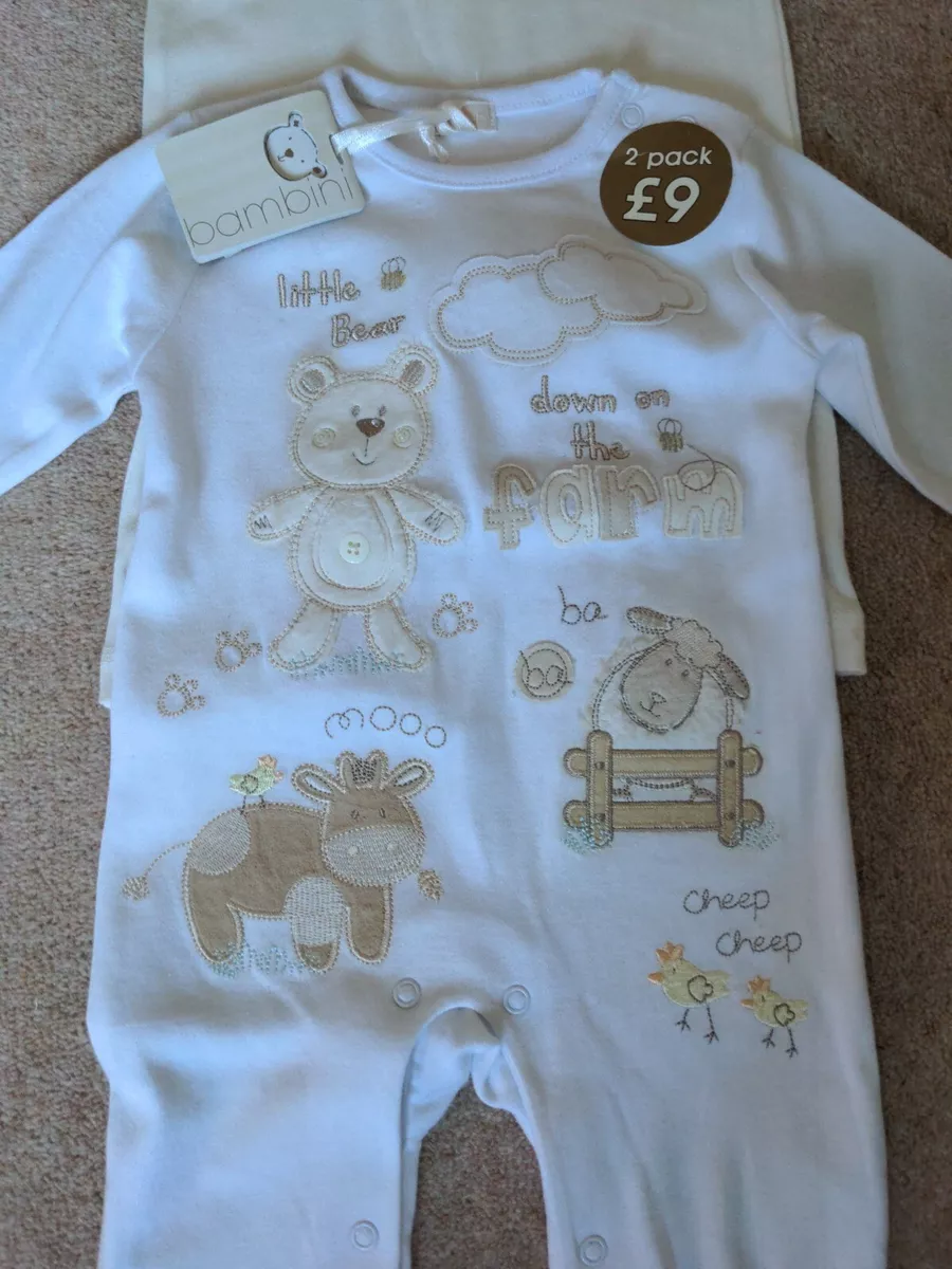 Bambini 2 pack Of Footless Baby Grows Little Bear Sheep White