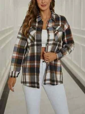 US Women Fall Plaid Flannel Shacket Blouse Jacket Oversized Long Sleeve Shirt