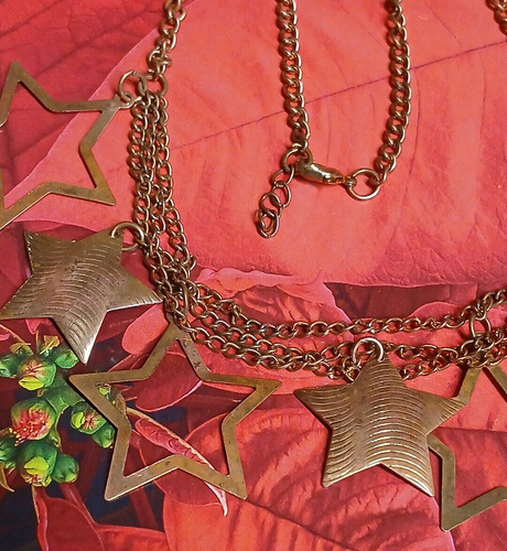 Vintage Copper Three Strand Necklace with Solid and Open Star Dangling Charms - Picture 3 of 7