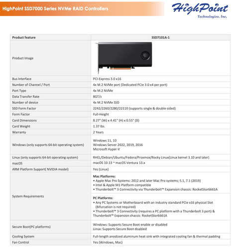 HIGHPOINT SSD7101A-1 PCIe RAID CARD run 4 M.2 NVMe DRIVES @28GBps FREE SHIPPING! - Bild 7 von 8