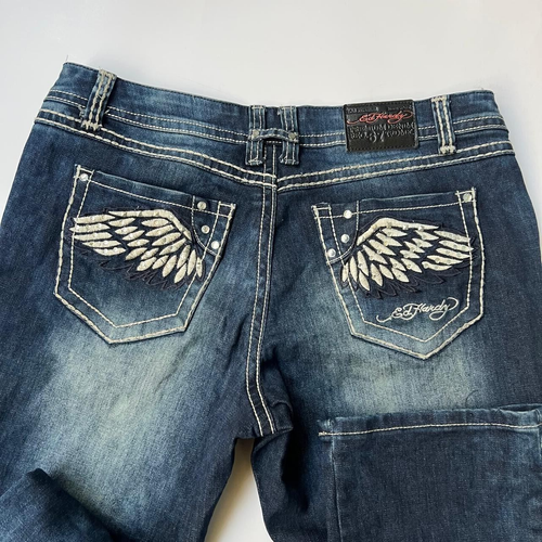 Pantalones de mezclilla Ed Hardy para mujer azules pierna recta bordados estrás alas W 34" - Imagen 13 de 19