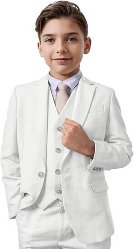 Boys Linen Suit 3 Piece Formal Slim Fit Beach Wedding Boys Tuxedo Summer Set - Picture 33 of 35