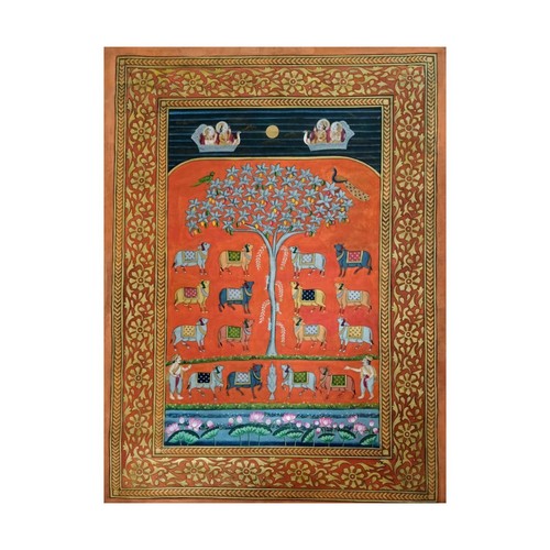 Traditionelles indisches handgemaltes Kunstwerk Baum mit Kühen Malerei - Bild 3 von 6