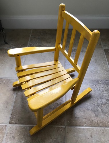 Vintage Farmhouse Slightly Shabby Wooden Yellow Childs' Rocking Chair Rocker - Picture 11 of 17