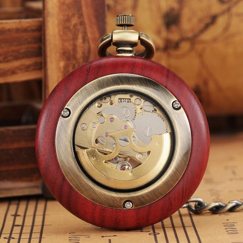 Luxury Wooden Automatic Mechanical Pocket Watch Skeleton Roman Number Display - Picture 2 of 6