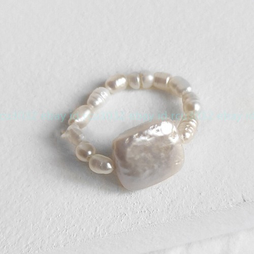 Natural White Freshwater Baroque Square Pearl Circle Adjustable Stretch Rings - Picture 12 of 12