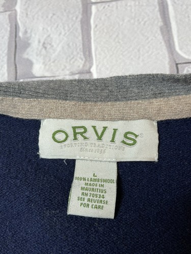 Orvis Mens Lambs Wool Button Sweater Cardigan Elbow Patches Navy Blue Large L - Picture 8 of 13