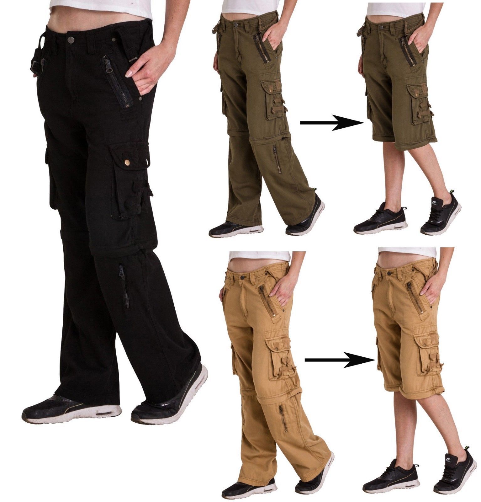 Womens Zip Off Convertible Trousers Multi Pockets Army Casual Cargo Ladies  Pants