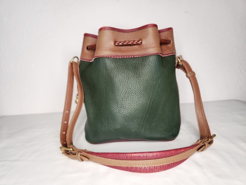 Dooney & Bourke Teton Drawstring Bucket Bag Green Beige Leather Drawstring VTG - Picture 4 of 13