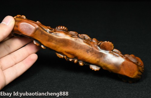 Alter China Folk Buchsbaum Holz geschnitzt Shou Pfirsich Affe Statue RuYi Ru Yi Talisman - Bild 7 von 7