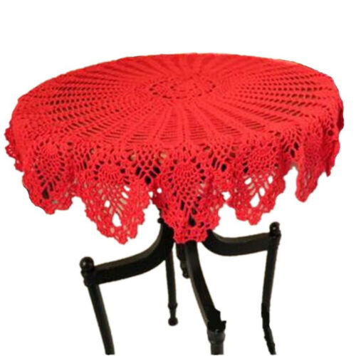 36" Red Vintage Hand Crochet Lace Flower Tablecloth Round Table Topper Doily - Picture 2 of 4