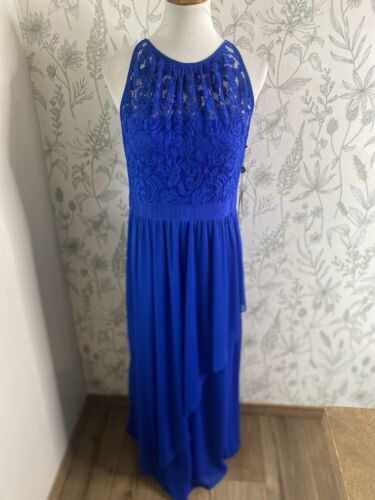 Vestido Adrianna Papell Azul Real Halter Elástico Tul Encaje Talla 10 - Imagen 2 de 14