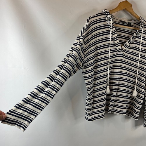 Tahari Womens Linen Top Hoodie Size Large Navy White Striped Tassel Nautical - Picture 4 of 8