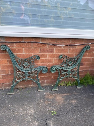 Pair of Vintage Heavy Decorative Ornate Cast Iron Metal Garden Bench Ends