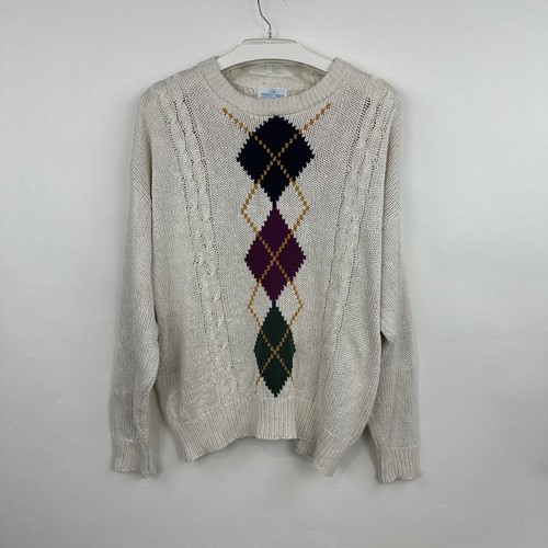 WinterSilks Mens Sweater Cream Silk sz XL Argyle Navy Red Crew Neck Golf Vintage - Picture 1 of 14