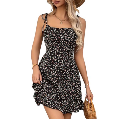 Damen Kleid Sommerkleid Camisole Mini Träger sexy Armlos Strandkleid Rüschensaum - Bild 3 von 5