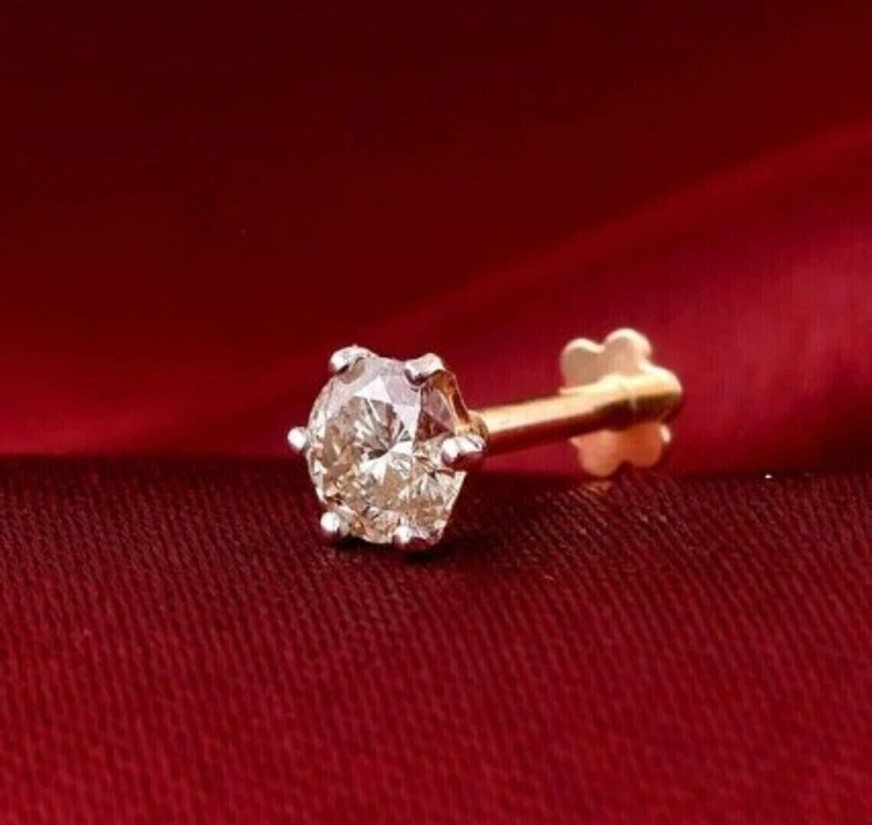 4MM Round Cut Natural Diamond Solitaire Screw Back Nose Pin Real 14K Yellow Gold - Image 3 of 4