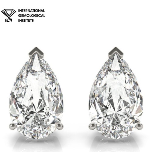 D/VS Lab Grown IGI Certified Pear Cut Diamond Prong Set Stud Earring In Platinum - Picture 2 of 31