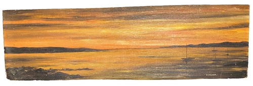 Seascape Original Art Signed Archer Long Orange Painting MCM Vtg Folk Art 1960s, - Picture 3 of 13