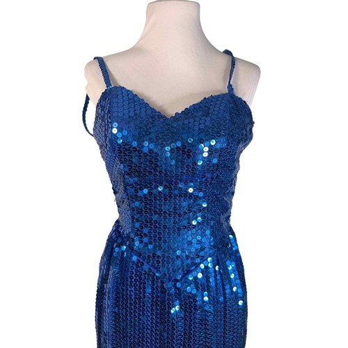 Vintage 1980s Alyce Designs Sapphire Blue Sequin Wiggle Formal Dress XS - Picture 1 of 6