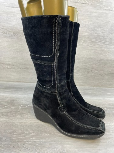 Nine West Women's 7 Black Suede Leather Whip Stitched Lined Wedge Shearling Boot