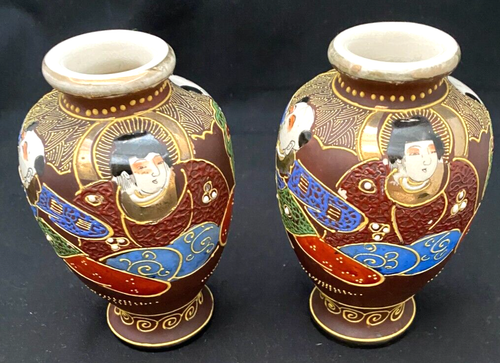 PAIR of VINTAGE JAPANESE MORIAGE SATSUMA PORCELAIN VASES 5" HANDMADE c1965 v/g - Picture 4 of 8