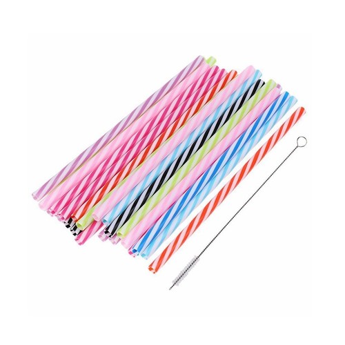25Pcs Stripe Jar Plastic Reusable Hard Straws Cocktail Drinking Bar + 1Pcs Brush - Picture 9 of 11