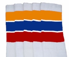22  KNEE HIGH WHITE tube socks with GOLD/ROYAL BLUE/RED stripes st 5 22-159 