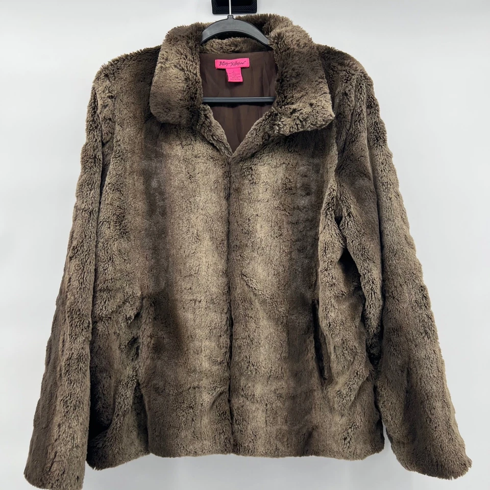 Betsey Johnson Faux Fur Jacket Brown Coat Collared Plush Outerwear Women's Large - Image 2 of 4