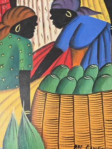 Vintage Beautiful Colorful Haitian Painting On Canvas Signed FanFan "Haiti" - Picture 9 of 11