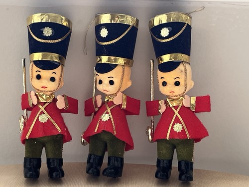 Vtg Flocked Toy Soldier Christmas Ornaments Set 3 Made in Japan MCM 5.5” - Picture 2 of 20