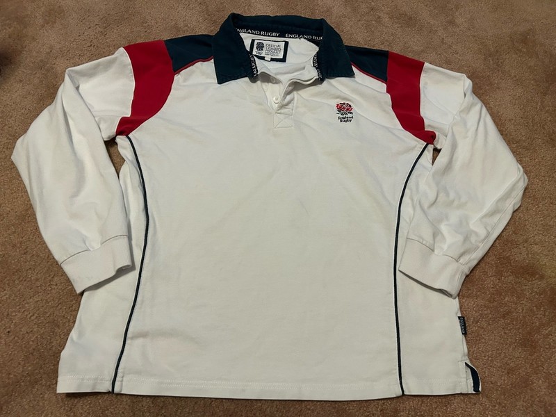 England Rugby Polo Shirt Mens XL White Cotton  Long Sleeve Officially Licensed