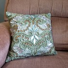 Beaded Throw Pillow 12" Green Gold Boho Luxe Zipper Closure Accent Glamour Decor