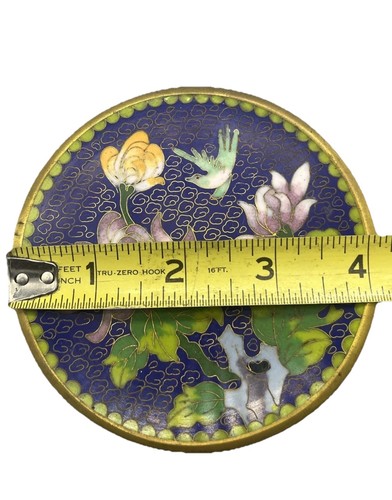 Vintage Cloisonne Small Hand Painted Chinese Brass Enameled Plate flower 4” Blue - Picture 5 of 6
