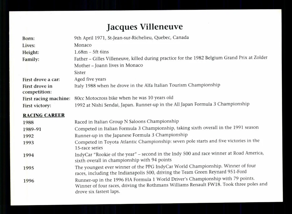 Jacques Villeneuve Autogrammkarte Druck Signiert Formel 1 + G 49409 - Bild 2 von 2