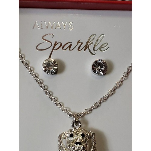 Always Sparkle Puppy Dog Necklace & Earrings Set Silver Tone Clear Rhinestones - Picture 4 of 8