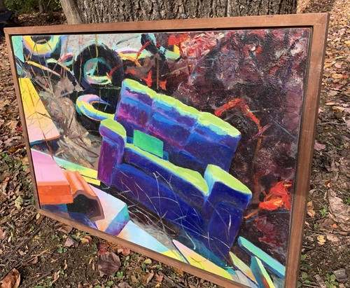 R Wolf signiertes Vintage Gemälde moderner Expressionist Außenseiter strukturiert ~ Schrottplatz-Sofa - Bild 6 von 12