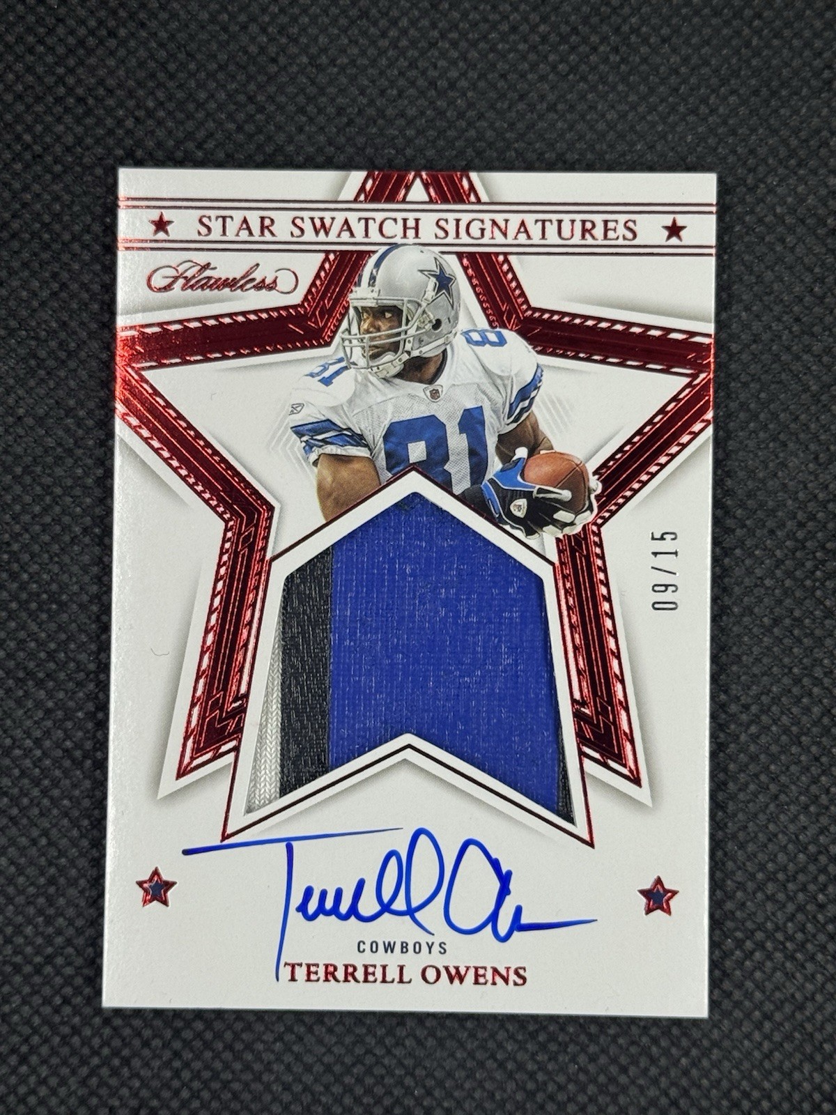 2023 Panini Flawless Star Swatches Terrell Owens Cowboys Game Worn Auto Ruby /15 view 2