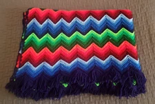 Afghan Crochet Knit Throw Blanket 58x72 Handmade Chevron Multicolor Navy Fringe