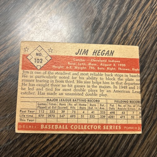 1953 Bowman Color Jim Hegan #102 Baseball Card. Vg-Ex. No creases. - Picture 2 of 2