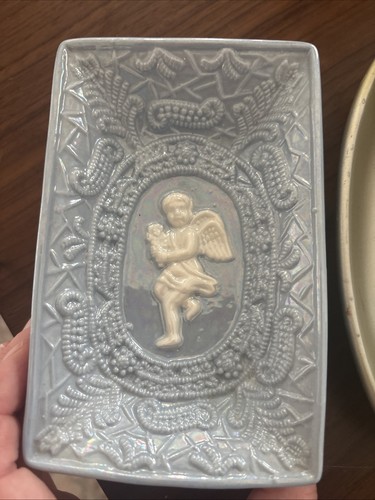 PLATO BARATIJA JABÓN PORCELANA CERÁMICA VINTAGE CON QUERUBINES/ÁNGEL Lote 2 Platos - Imagen 3 de 6