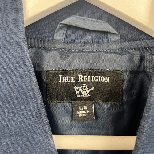 True Religion Jacket Mens Large Blue Brand Bomber Biker Motorcycle Coat Full Zip - Picture 4 of 11