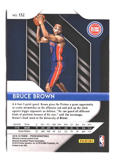 2018-19 Panini Prizm Bruce Brown RC #132 Detroit Pistons - Picture 2 of 2